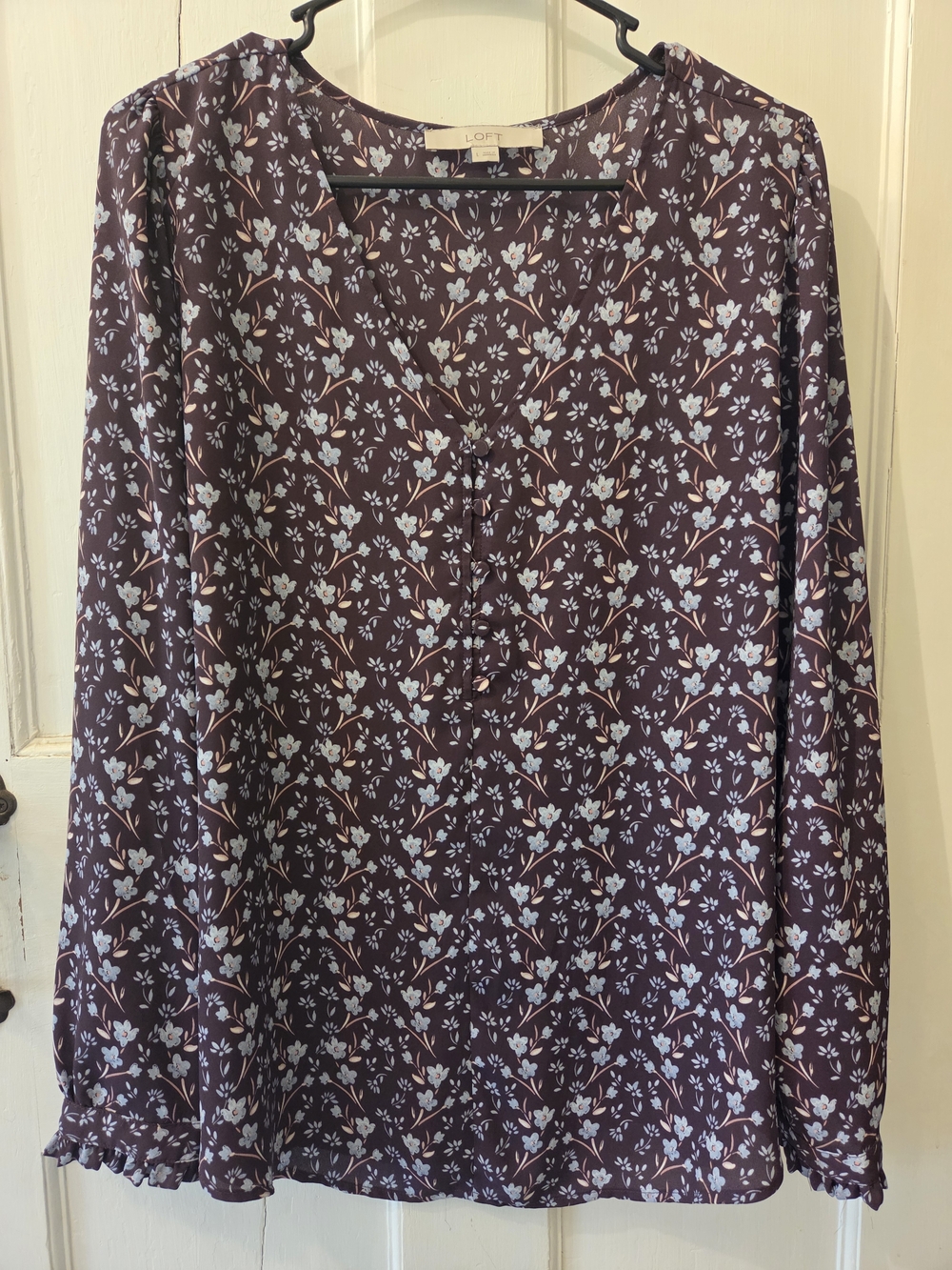 LOFT Plum Floral Button-Front Long Sleeve Top
